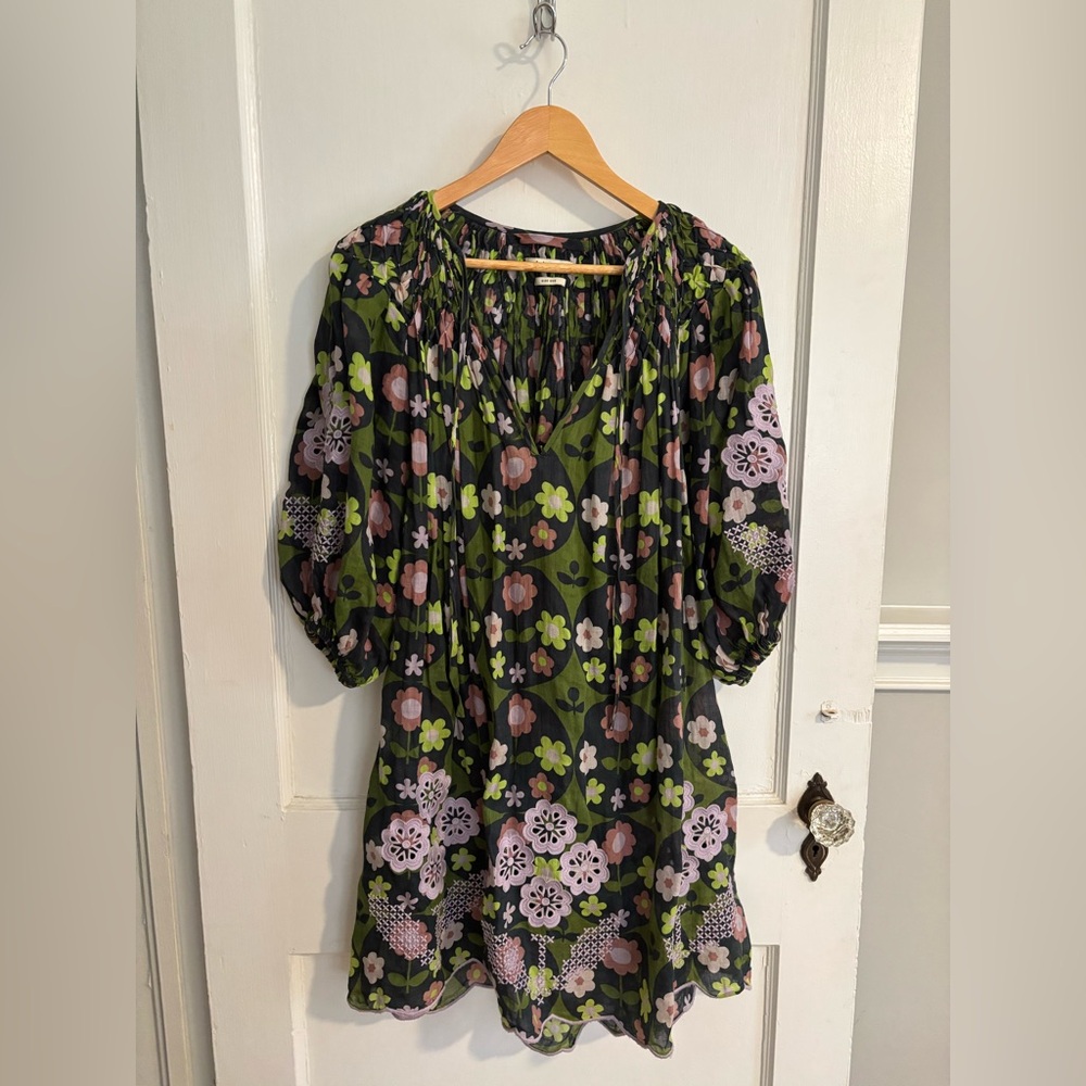 INNIKA CHOO Floral Puff Sleeve Embroidered Eyelet Mini Dress Green Ramie Small